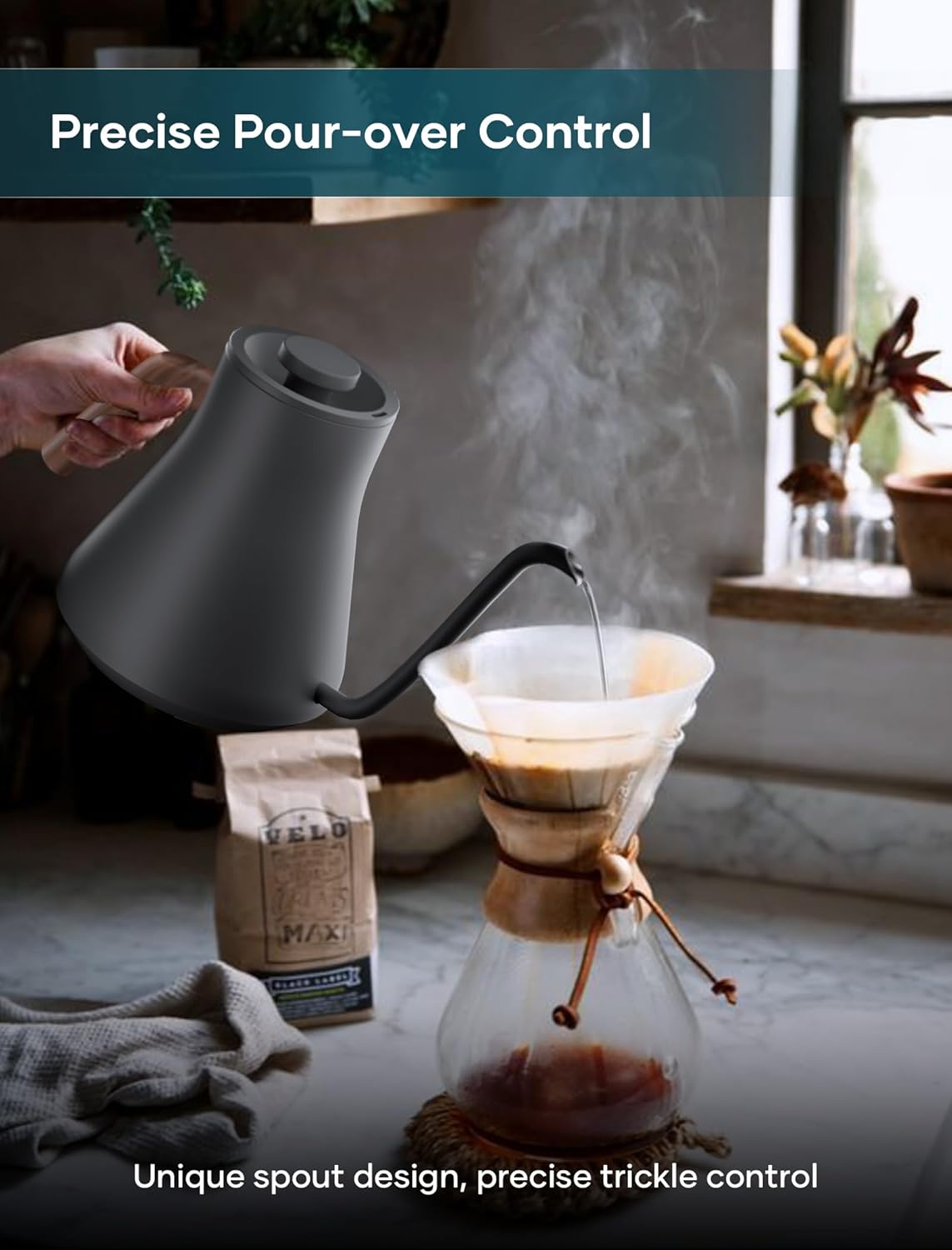 INTASTING Electric Kettles, Gooseneck Electric Kettle, ±1℉ Temperature Control, Stainless Steel Inner, Quick Heating, for Pour Over Coffee, Brew Tea, Boil Hot Water, 0.9L Black