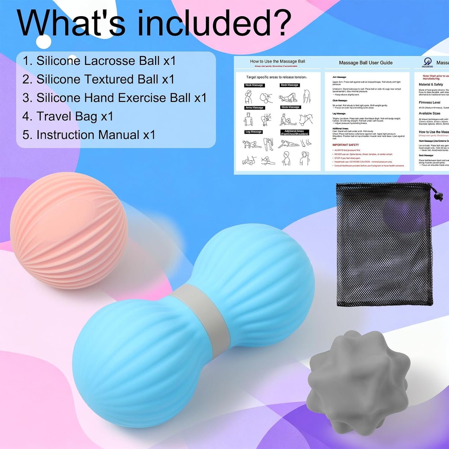 HODEMI Peanut Massage Ball Set, 3 Pack Peanut Roller, Textured Massage Ball & Trigger Point Ball for Deep Tissue Massage and Myofascial Release for Back, Neck, Hip and Foot with Mesh Bag