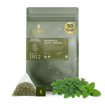 Luxmi Estates Moringa Mint Herbal Tea, 50 Biodegradable Pyramid Tea Bags (100g, 3.5oz) | USDA Organic Moringa Oleifera Leaf with Spearmint | Caffeine-Free Superfood Infusion, Vegan & Non-GMO Bulk Pack