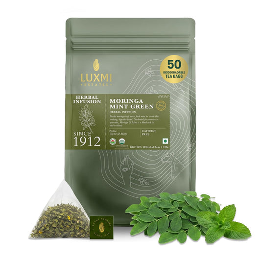Luxmi Estates Moringa Mint Herbal Tea, 50 Biodegradable Pyramid Tea Bags (100g, 3.5oz) | USDA Organic Moringa Oleifera Leaf with Spearmint | Caffeine-Free Superfood Infusion, Vegan & Non-GMO Bulk Pack