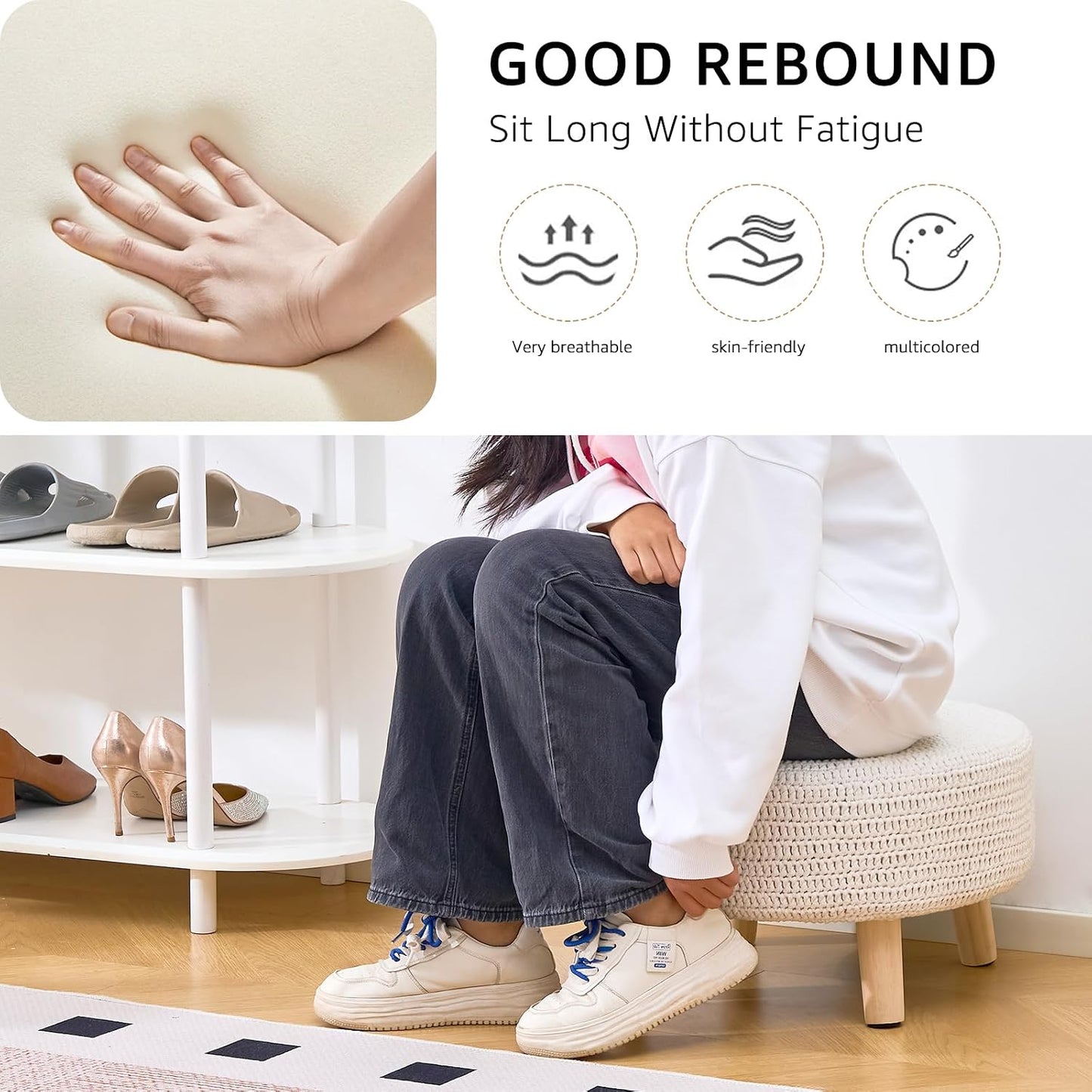 Wimarsbon Pouf Ottoman, 100% Cotton Knitted Boho Footstool, Round Footrest with Non-Skid Wood Legs, Home Décor Handmade Pouffe, Leisure Floor Step Stool for Living Room (Beige)