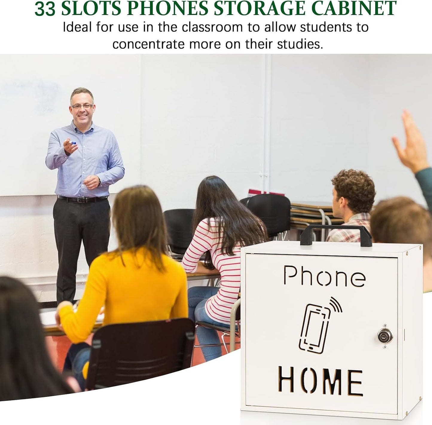 Wooden Phone Lock Box,Adjustable 33 Slots Cell Phone Holder Classroom