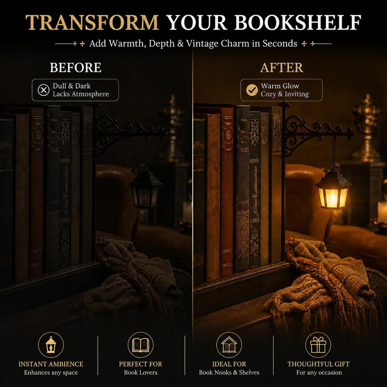 Library Lantern-Decorative Bookshelf Lighting, Mini Bookshelf Lamp Slides Between Books, Warm Amber LED Nook Light & Bookshelf Lantern for Book Nook, Shelf Decor Gift for Book Lovers(Reading Ghost)