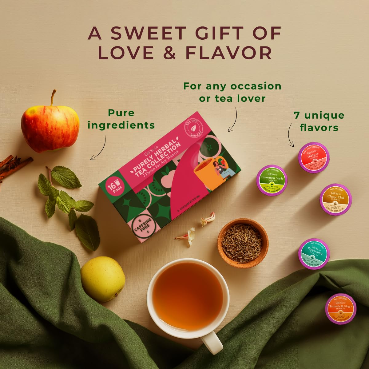 Purely Herbal Tea Pod Gift Set (16 Count) - 7 Flavors Assorted Variety Pack