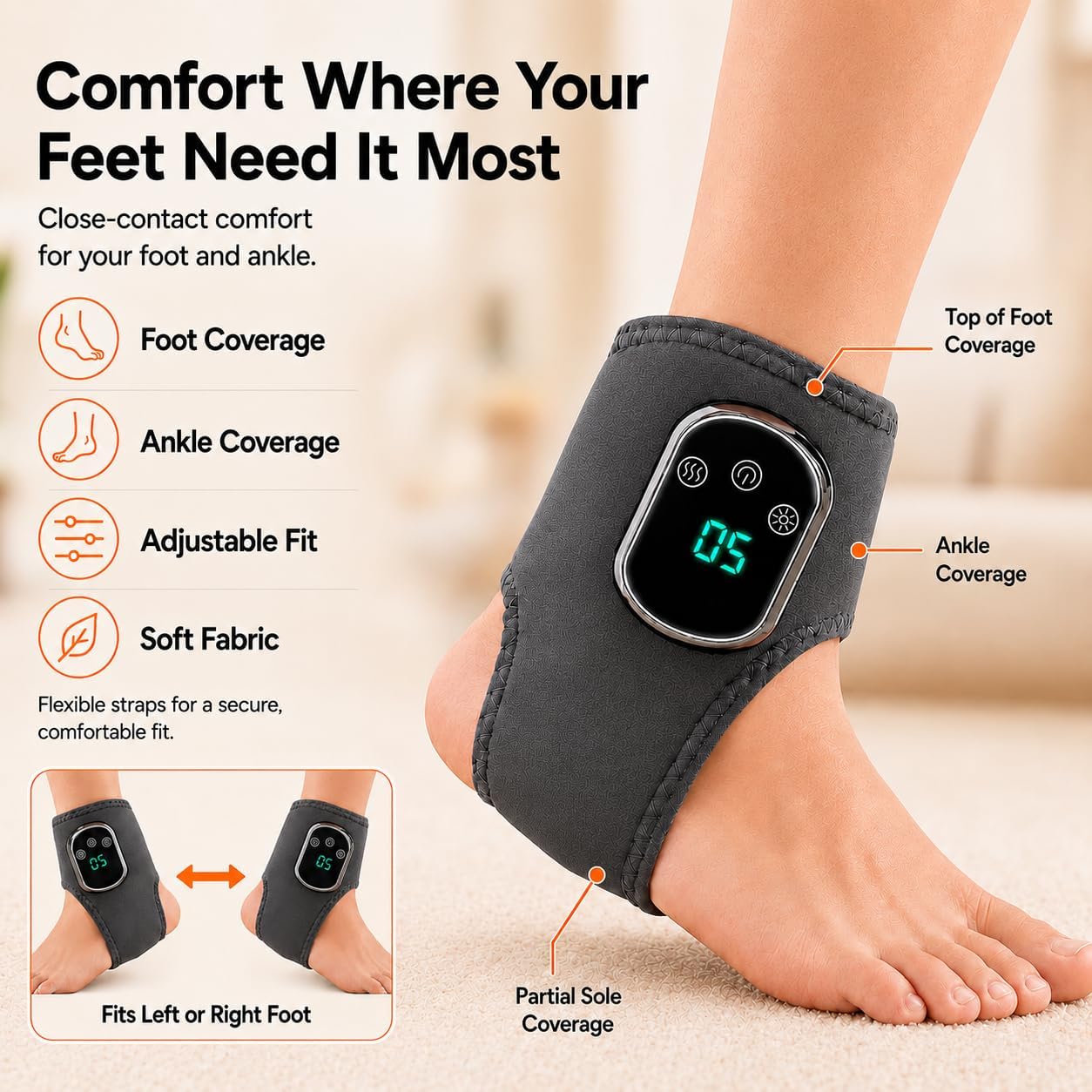 Gouzfca Foot Massager - Electric Ankle Massager, Cordless Design with 3 Vibration Modes, 5 Heat Levels (40°C–60°C) & 30 Min Timer, Home & Travel Use (Grey, 1pc)