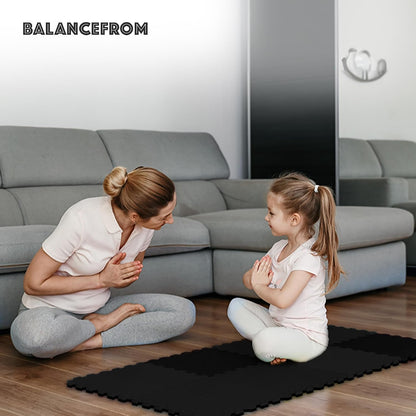 BalanceFrom Puzzle Exercise Mat 1/2" Thick, EVA Interlocking Foam Floor | Tiles for Home Gym, Mat for Home Workout Equipment, Floor Padding for Kids, Black, 24 in x 24 in x 1/2 in, 144 Sq Ft-36 Tiles