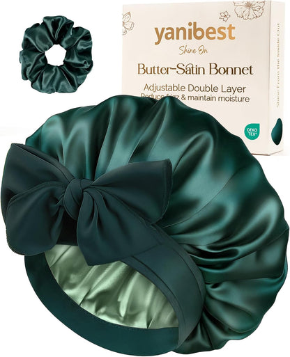 YANIBEST Adjustable Double Layer Satin Bonnet, Silk Hair Bonnet for Sleeping with Elastic Tie Curly Natural Hair Reduce frizz