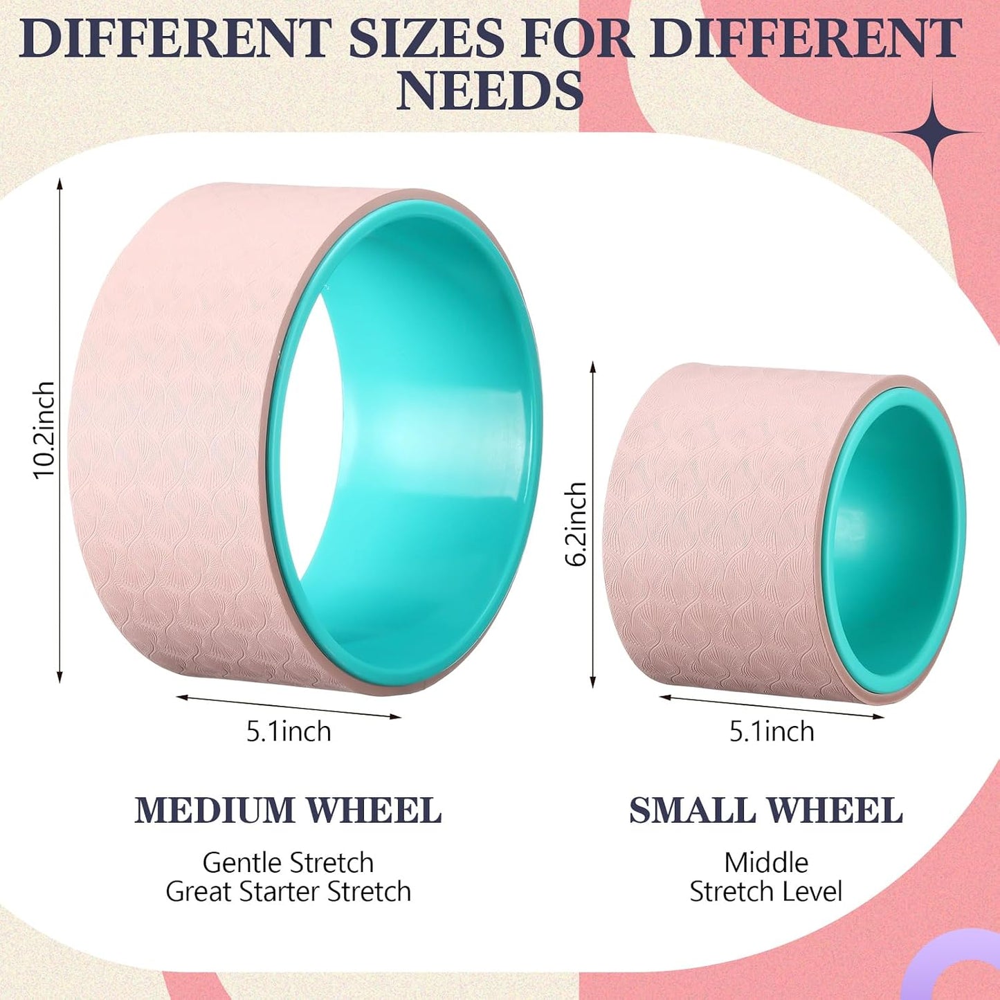 Arrowbash 5-in-1 Pink Yoga Wheel Set Back Stretcher Wheel Deep Tissue Massage Foam Roller Trigger Point Relieve Ball, Resistance Loop Exercise Bands Massage Roller for Deep Tissue Yoga Beginner Gift