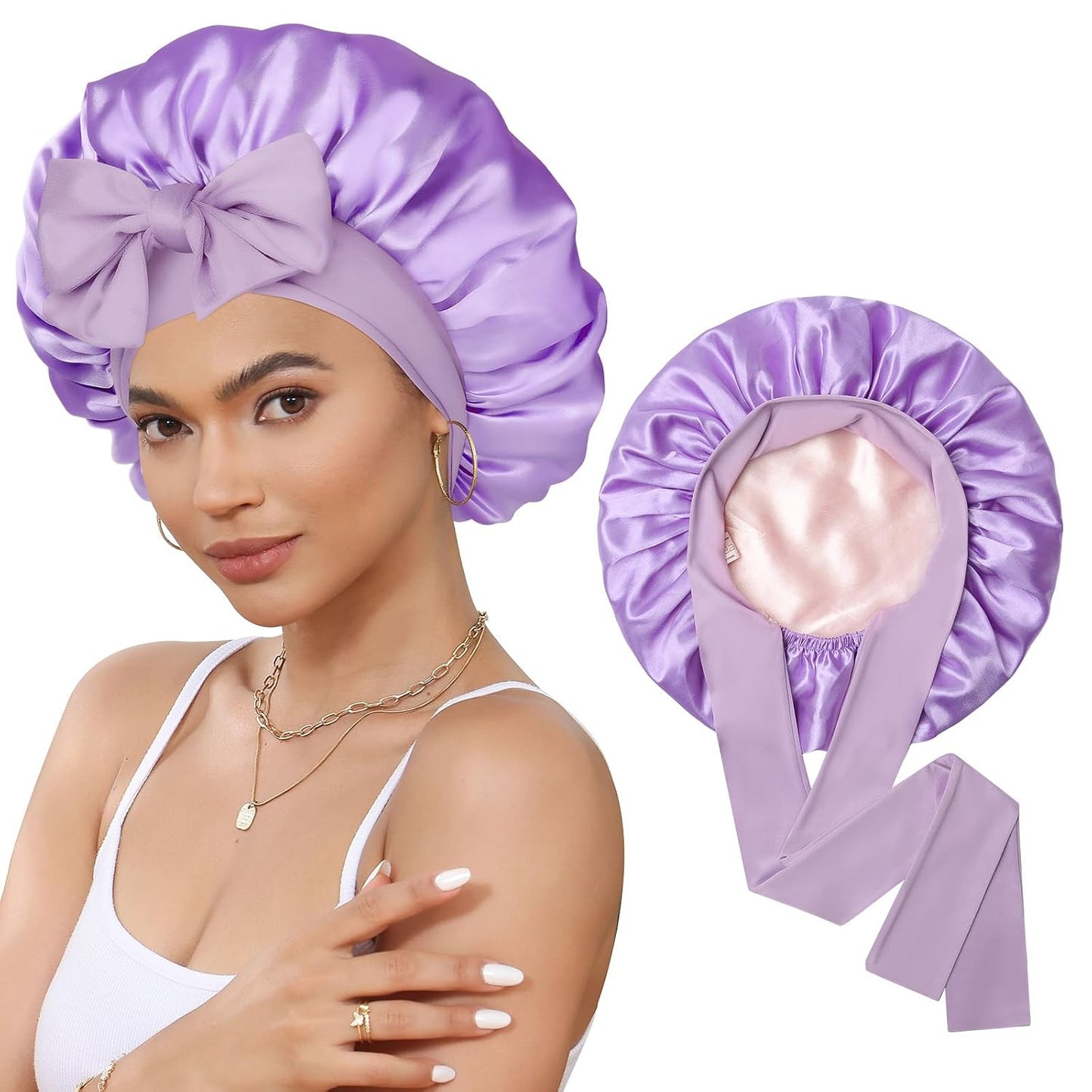 Satin Bonnet for Sleeping Cap Double Layer Hair Bonnet with Elastic Tie Band for Curly Hair Night Cap (Bean Paste + Pink)