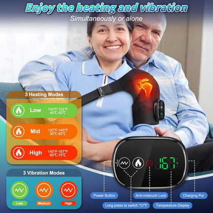 Cordless Heated Shoulder Brace with Vibration, 3 Heat & Massage Settings, Shoulder Heating Pad for Pain Relief, Adjustable Shoulder Warmer for Men and Women(Grey)