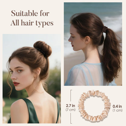 LULUSILK Small Silk Hair Ties No Damage, 100% Real Mulberry Silk, Skinny Scrunchies Ponytail Holders for Thin Fine Hair, Brown, Pack of 3