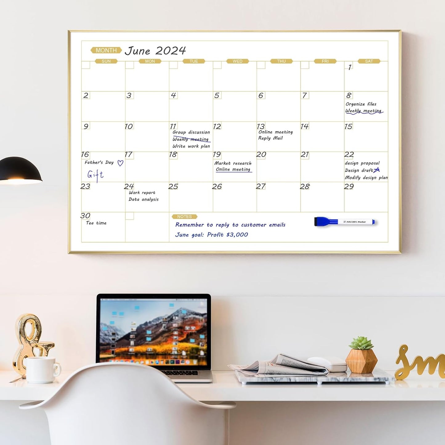 ARCOBIS Monthly Calendar Whiteboard, 24" x 18" Magnetic Dry Erase Calendar with Black Frame, Wall Hanging Planner for Home, Office, School