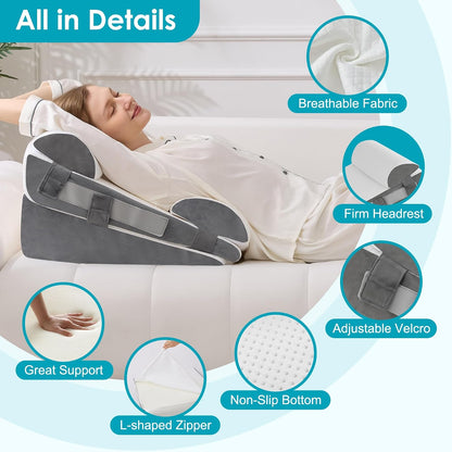 3Pcs Wedge Pillow Set for After Surgery,Acid Reflux Relief, Adjustable Bed Wedge Pillows for Sleeping,Anti Snore, Memory Foam Triangle Pillow for Back&Neck&Shoulder Pain Relief, White&Grey