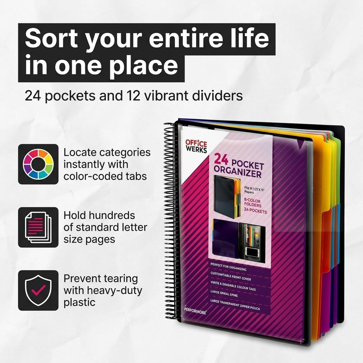 24 Pocket Spiral Project Organizer, File Folder with 12 Dividers, Letter