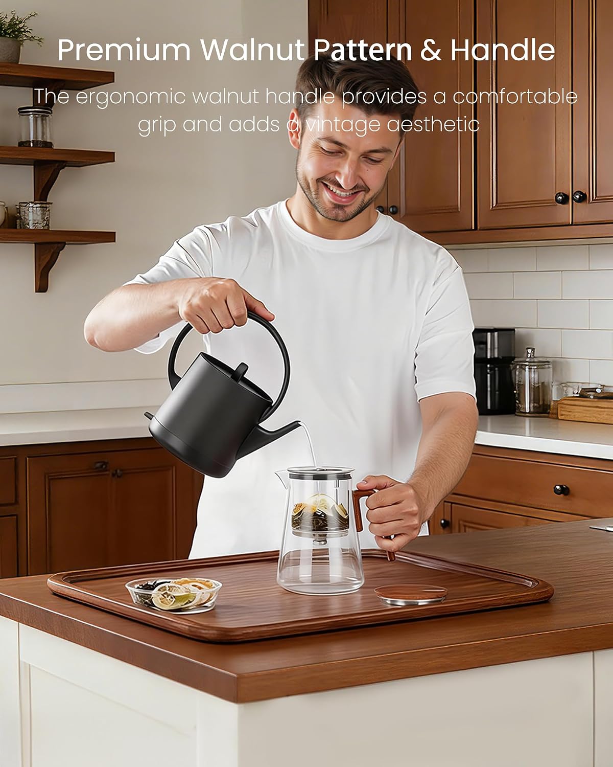 ZENS Magnetic Tea Pot, Enchanted Glass Teapot with Infuser and Magnetic Suction Lid for Mess-Free Loose Tea Diffusers, Walnut Wood Handle, Tea Lovers Gifts