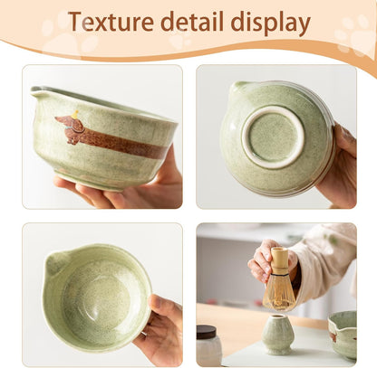 Matcha Set, Japanese Tea Set Includes Matcha Bowl with Spout, Matcha Whisk Holder, Bamboo Matcha Whisk and Bamboo Scoop, 17 oz Mottled Green Glaze Ceramic Matcha Kit for Tea Lovers