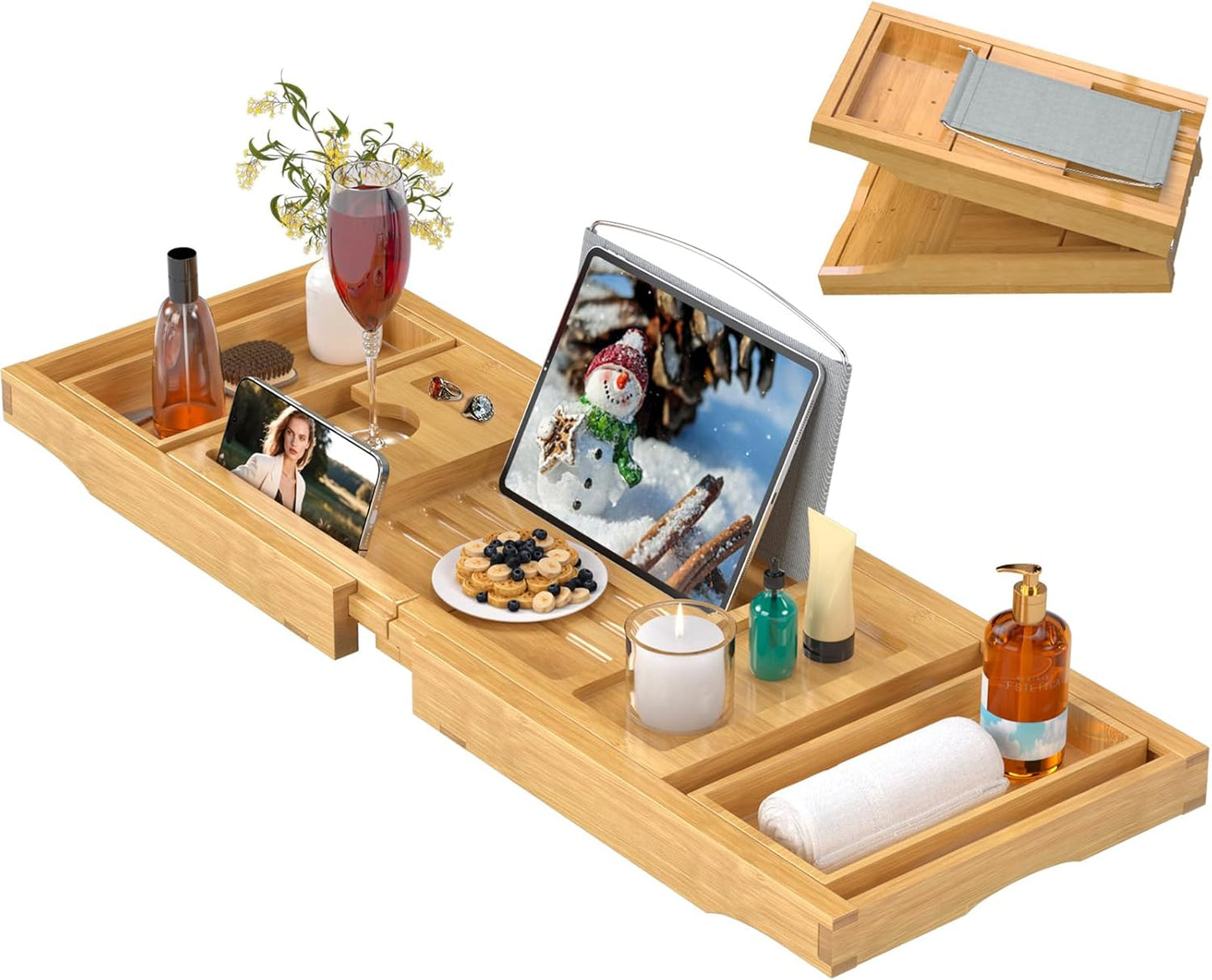 Artmalle Luxury Bathtub Caddy Tray for Tub - Foldable Bamboo Bath Table Tray with Book and Wine Glass Holder, Expandable Bathroom Accessories for Spa or Reading Lite Style