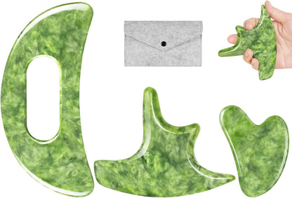 3 in 1 Jade Stone Gua Sha Massage Tool, Large Guasha Muscle Scraper Tools Set with Handle Muscle Scraping Massage Tools Anti Cellulite Spa Acupuncture Tools for Back Neck Leg Lymphatic Drainage