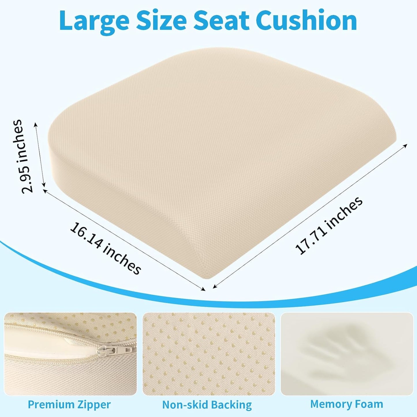 TranquilRelax Large Seat Cushion, Memory Foam Cushion for Long Sitting Hours on Office Chair, Car Seat, Non-Slip Chair Pad for Sciatica, Coccyx, Tailbone Pain Relief & Post-Surgery Recovery (Black)