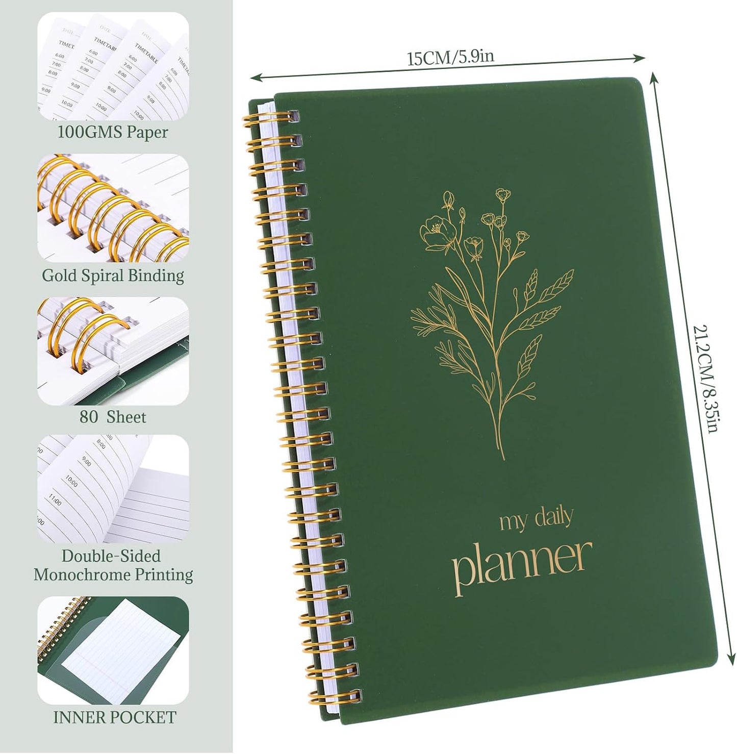 Thboxes Undated Daily Planner with Hourly Schedule, 5.71" X 8.35" Daily To DO List Noteboook Set Goals A5 Daily Personal Organizer Notepad for School Work Office Improve Efficiency Planner, Green