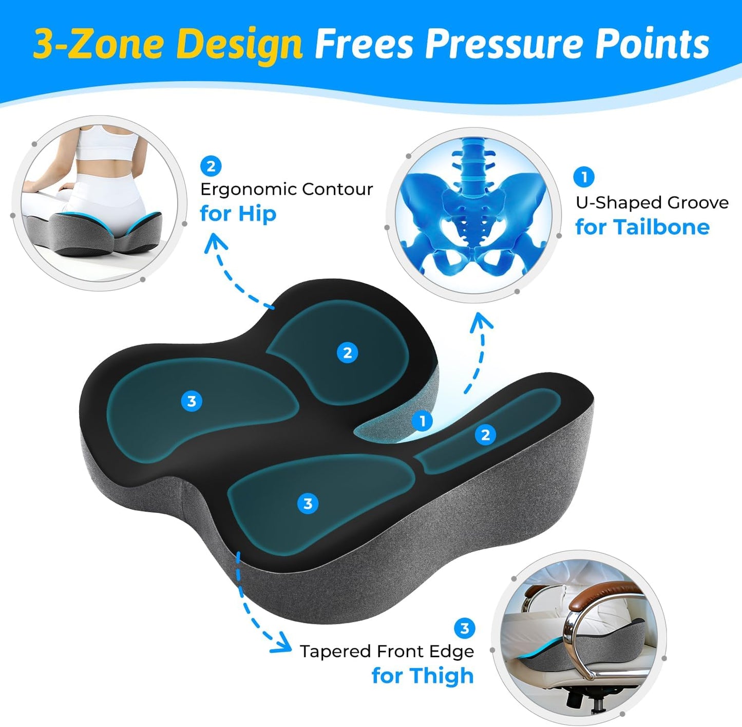 Seat Cushion for Tailbone & Sciatica Pain Relief – Certified & Ergonomist-Designed – Tapered Front Edge Reduces Thigh Pressure – Wide Memory Foam for Office Chair, Car, Wheelchair (Gray)