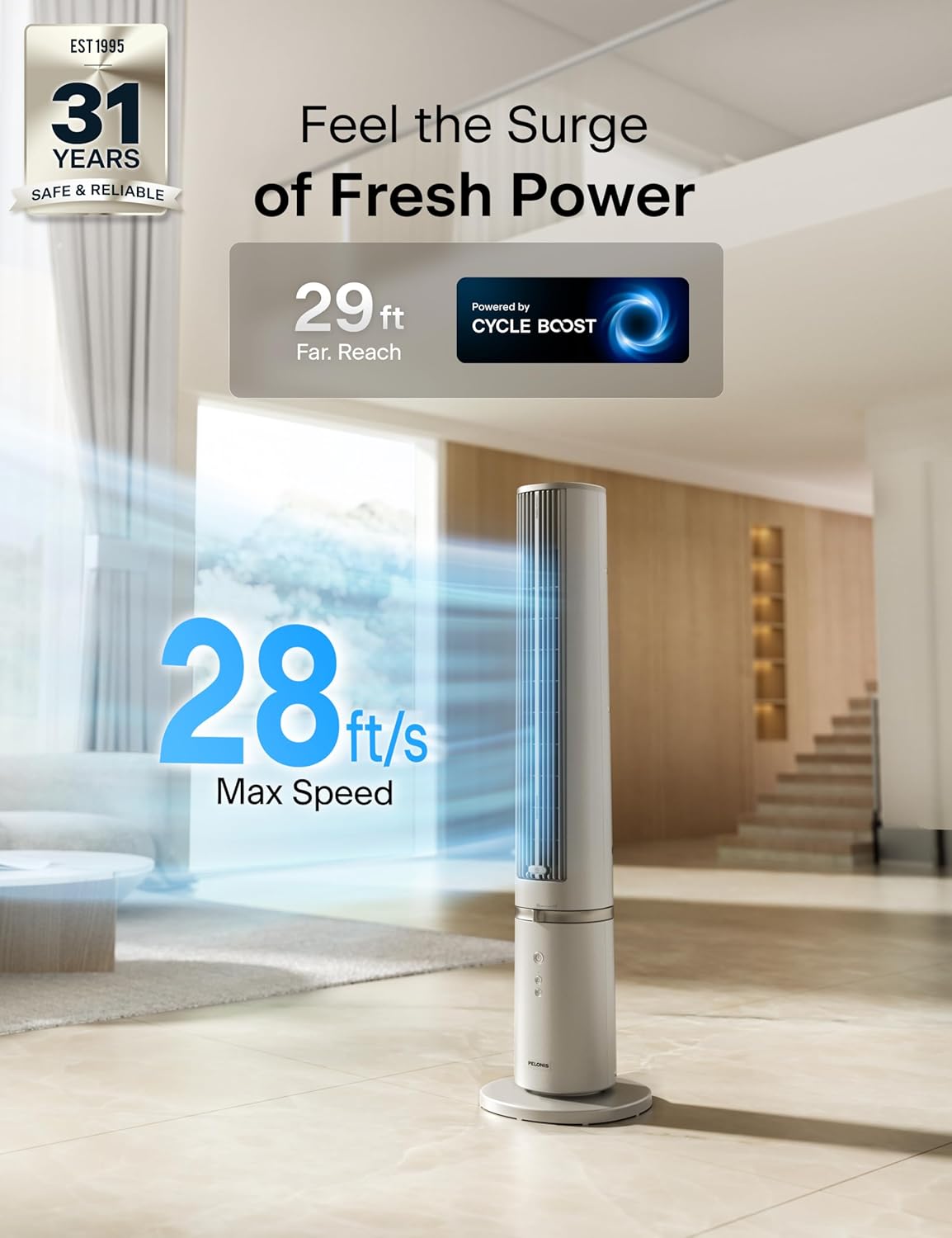 PELONIS 40 inch Bladeless Tower Fan for Bedroom, Standing Fan with Remote Control, 26ft/s, 90° Oscillation, 3 Speed Settings, 27dB, 3 Modes, 15-Hour Timer, LED Display, Fan that Blows Cold Air, White