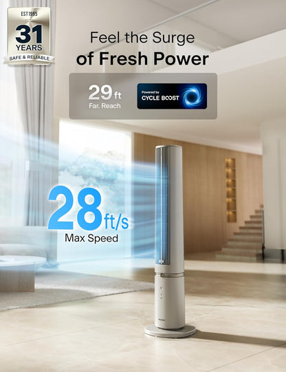 PELONIS 40 inch Bladeless Tower Fan for Bedroom, Standing Fan with Remote Control, 26ft/s, 90° Oscillation, 3 Speed Settings, 27dB, 3 Modes, 15-Hour Timer, LED Display, Fan that Blows Cold Air, White