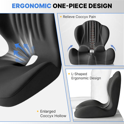 Ergonomic Seat Cushion, Office Chair Seat Cushions with L-Shaped Design, Memory Foam Orthopedic Cushion with Coccyx Hollow, Lumbar Support & Tailbone Pain Relief for Car, Truck, Gaming Chair (Black)