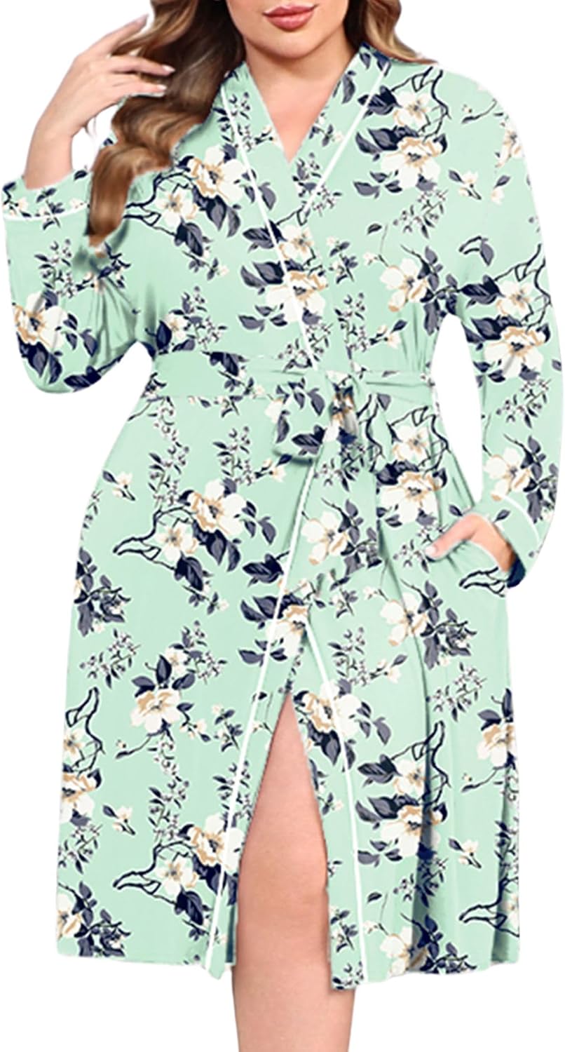 Ekouaer Plus Size Robes for Women Lightweight Bathrobe V Neck Kimono Loungewear Soft Maternity Robes with Pockets 1X-5X