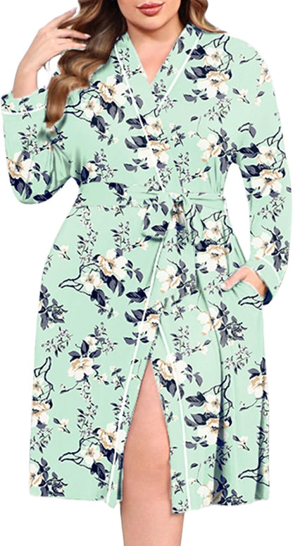 Ekouaer Plus Size Robes for Women Lightweight Bathrobe V Neck Kimono Loungewear Soft Maternity Robes with Pockets 1X-5X