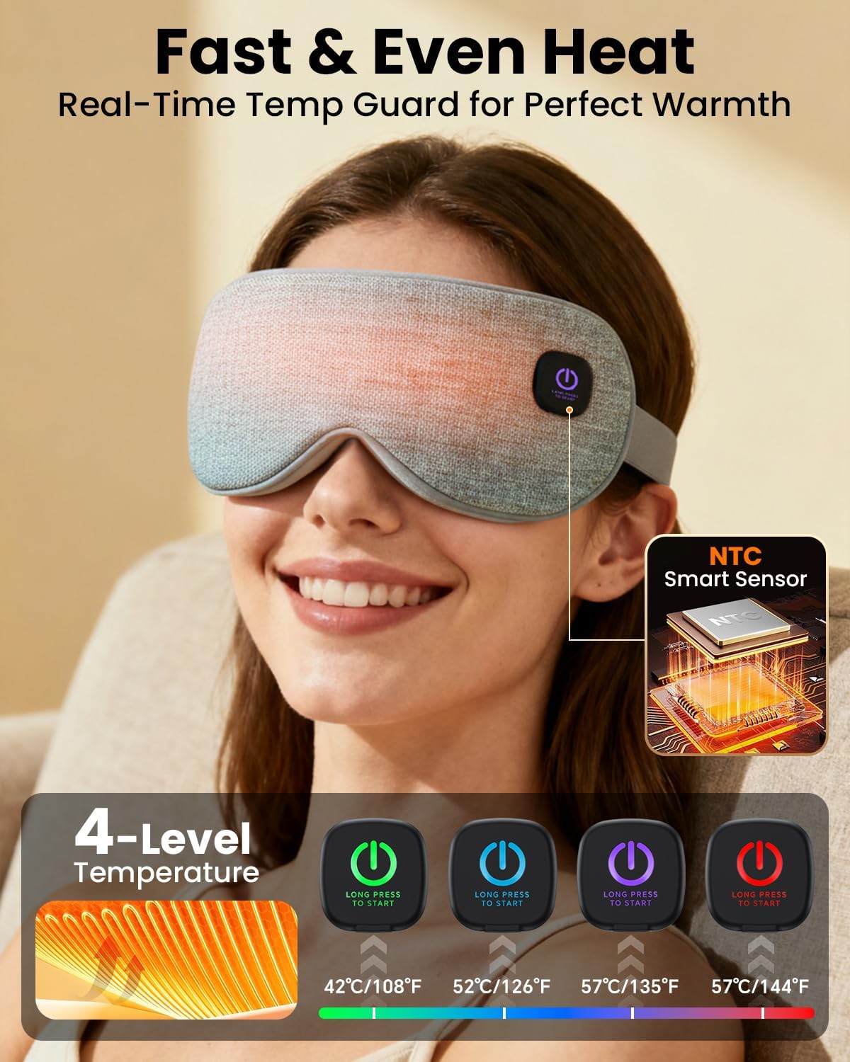 Cordless Heated Eye Mask with 1500mAh Large Battery, 4 Heat Levels & 100% Blackout for Dry Eyes Relief, Fast Heating Eye Heating Pad with 2 Washable Covers for Sleep, Travel, MGD, Blepharitis