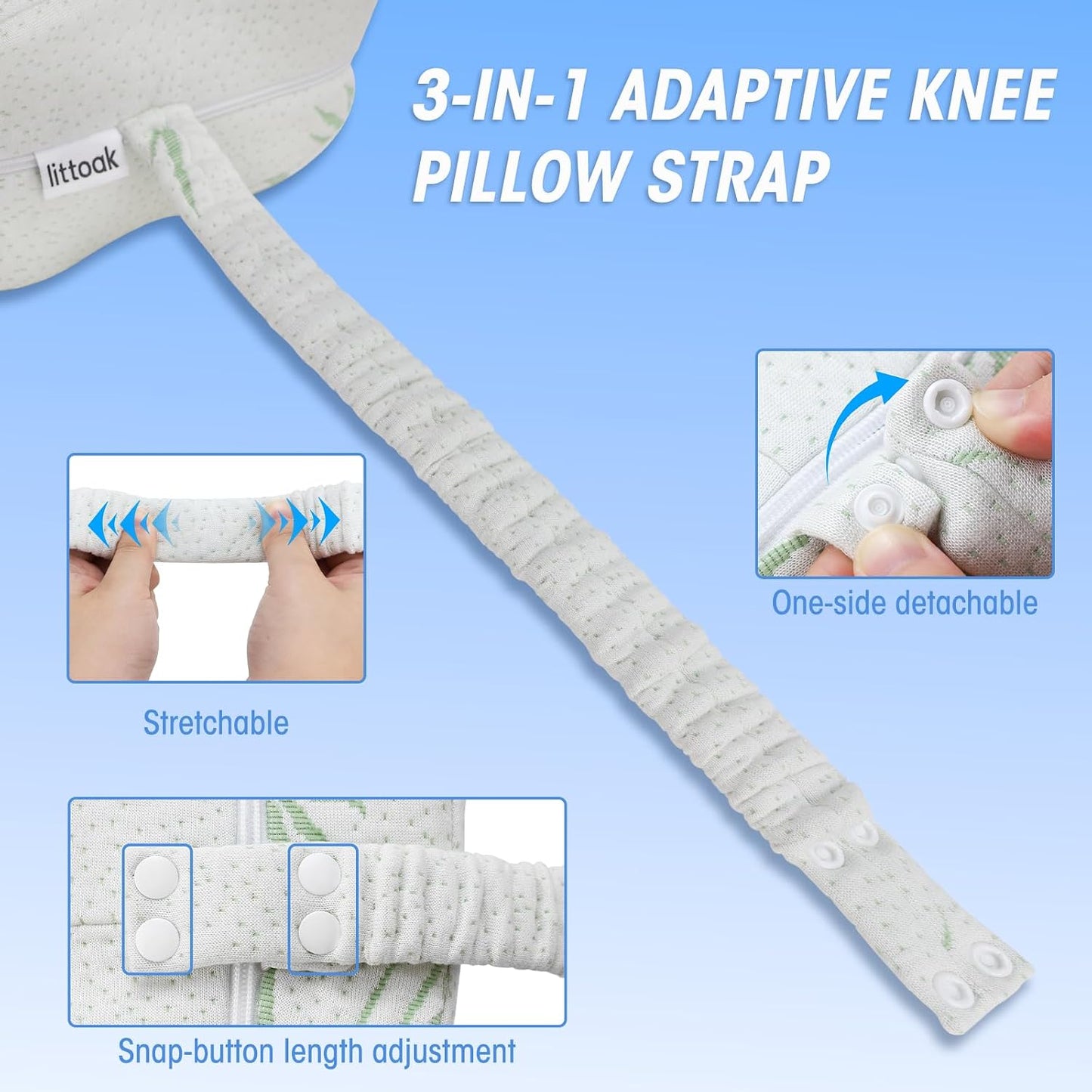 Knee Pillow for Side Sleepers & Sciatica Pain Relief, Memory Foam Leg Pillow for Side Sleeping with Detachable and Adjustable Strap, Two Covers, Blue& Grey, Gifts for Men and Women, One Pillow Only