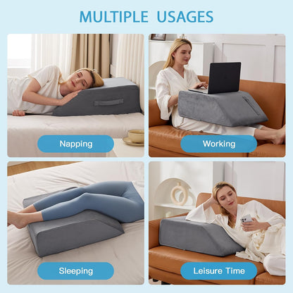 MEGCXIT Leg Pillow Elevation Blood Circulation, Leg Wedge for Elevation for Swelling, Leg Elevating Pillow for After Surgery, Memory Foam Foot Knee Pillow for Back Sleeping 23.6×16.8×8 Inch White/Grey