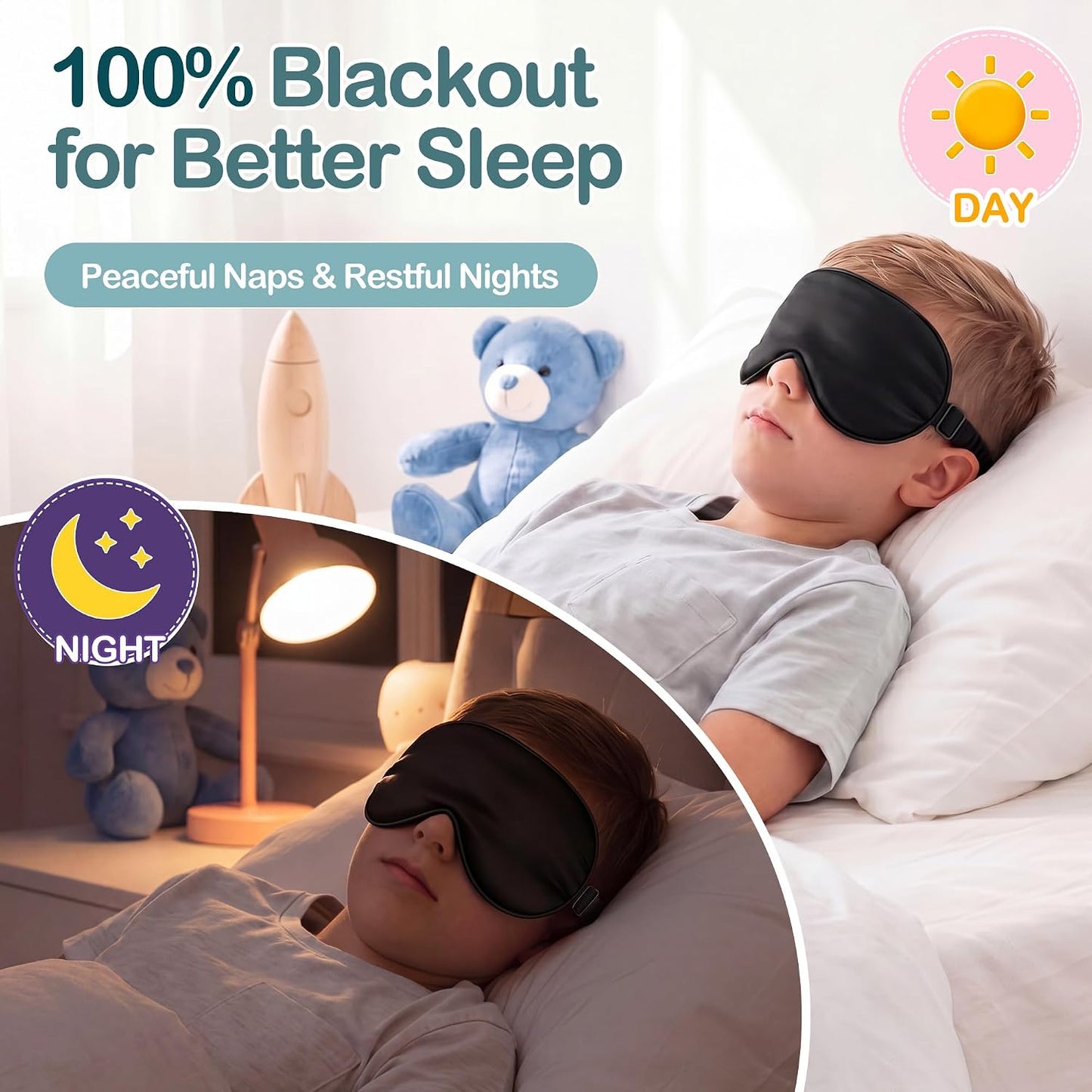 Kids Sleep Mask, Soft Eye Mask for Boys Girls with Adjustable Strap, Silk Light Blocking Sleeping Mask for Naps, Travel and Night Sleep, Includes Laundry Bag (Black)