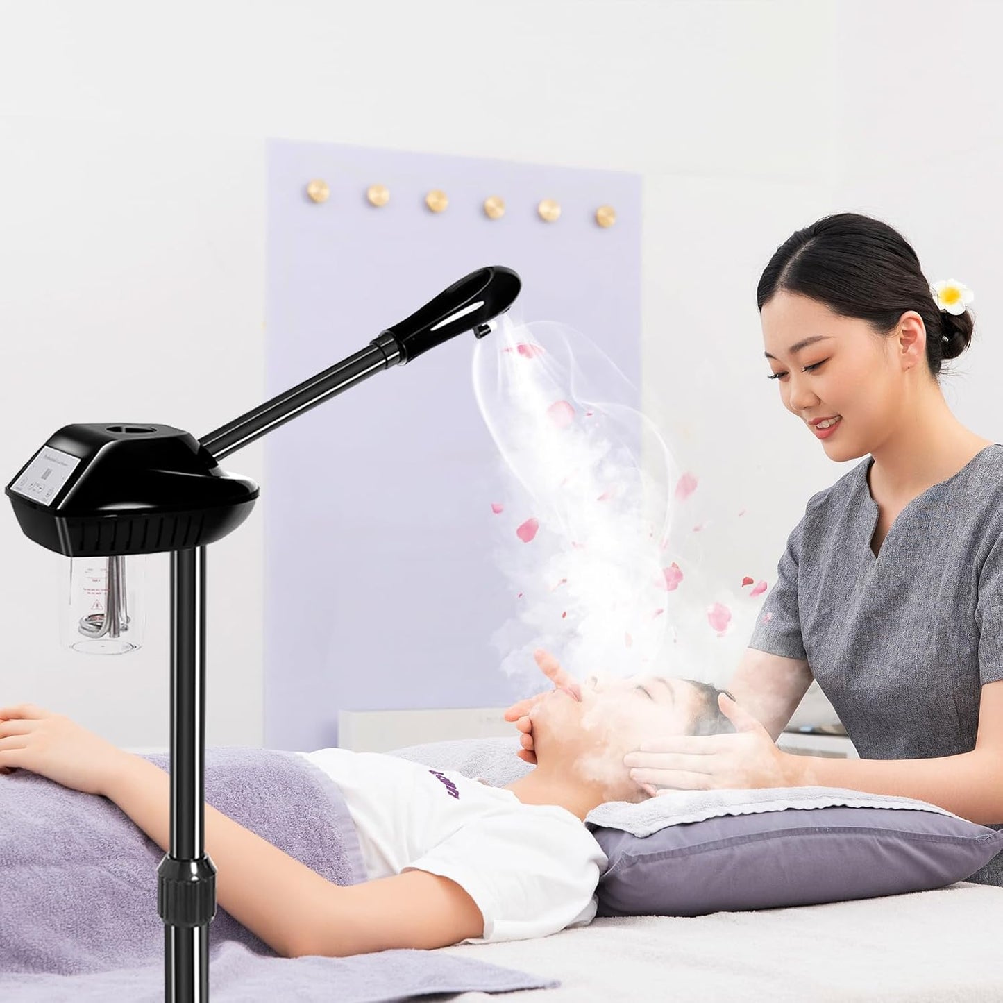 Facial Steamer Professional with More Steam for Deep Cleansing and Hydration, Estheticians Steamer on Wheels with Time Setting, Face Steamer Adjustable Height for Beauty, Spa and Home Use（Golden）