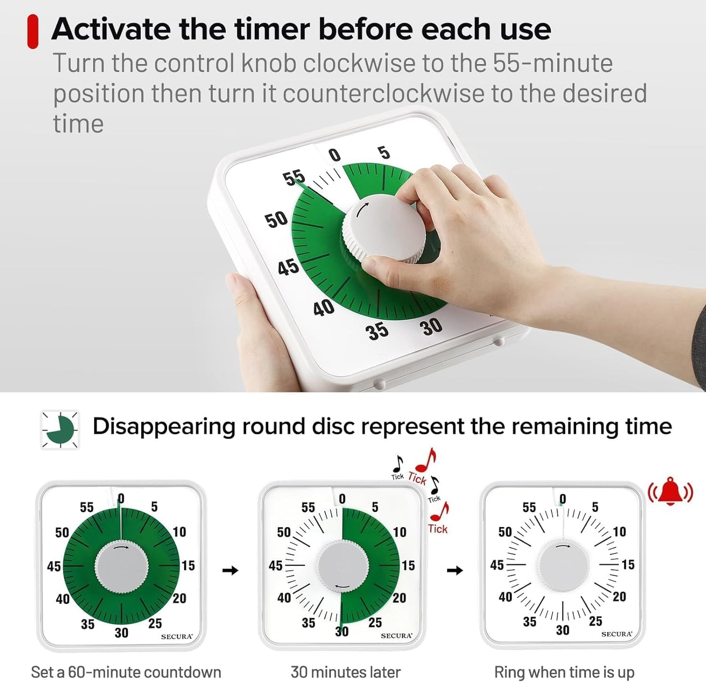 Secura 7.5 Inch Visual Timer, 60 Minute Visual Oversize Countdown Timer for Kids and Adults, Durable Mechanical Time Management Tool (Dark Green)