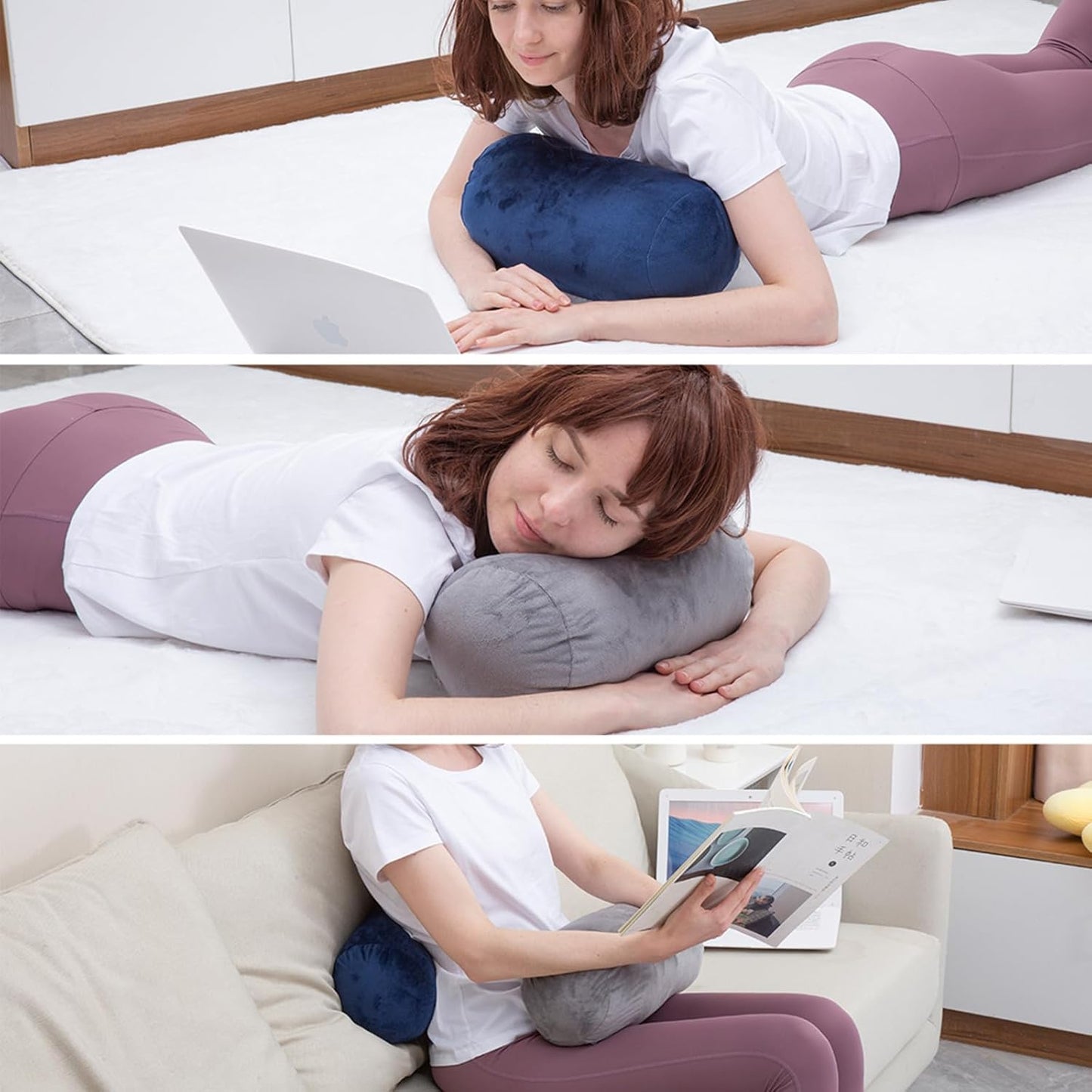 1 MIDDLE ONE Round Cylinder Bolster Pillow with Removable Velvet Cover, Tube Roll Cervical Pillow for Head, Neck, Back and Legs Support, 13"x 6", Blue