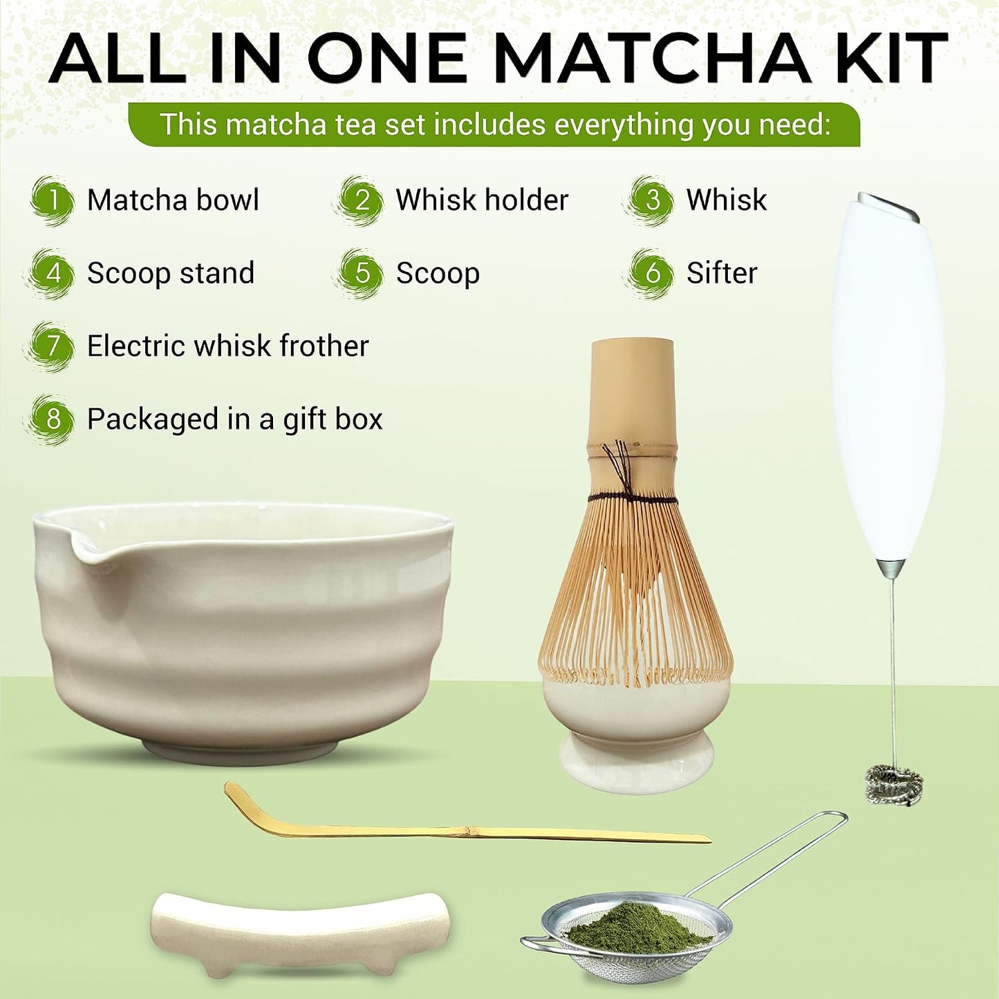 Matcha Whisk Set with Matcha Bowl - Matcha Set Included Electric Frother, Bamboo Whisk, Matcha Spoon, Bamboo Holder, Sifter, Spoon Stand (Mottled Green)