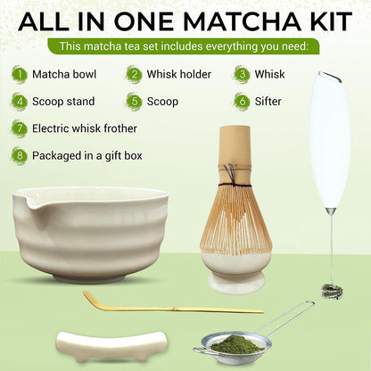 Matcha Whisk Set with Matcha Bowl - Matcha Set Included Electric Frother, Bamboo Whisk, Matcha Spoon, Bamboo Holder, Sifter, Spoon Stand (Mottled Green)