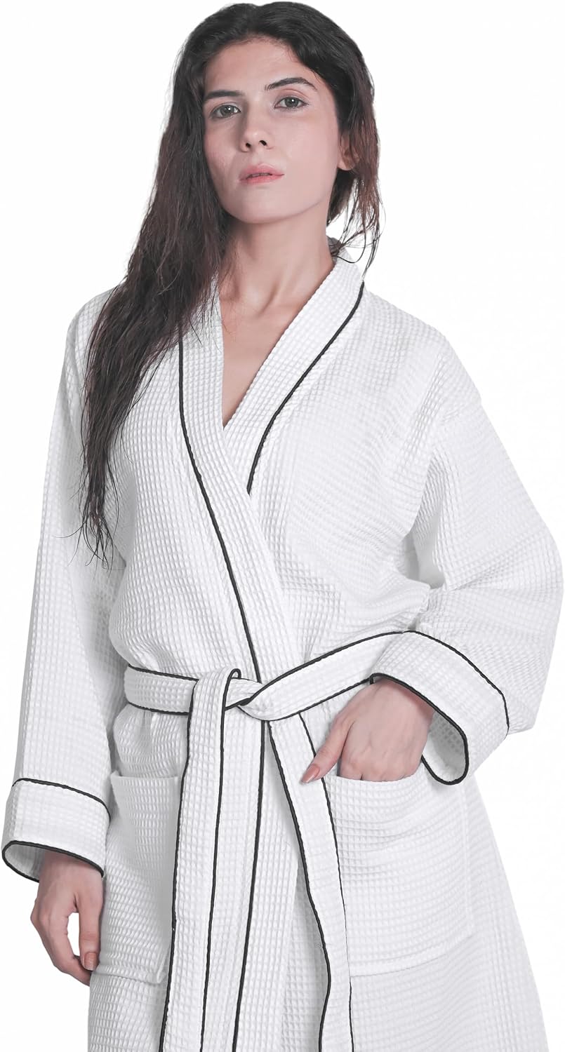 Looperry Unisex White Waffle Bathrobe (1 Piece) Luxurious & Lightweight Shower Robe in Organic Cotton Poly Blend