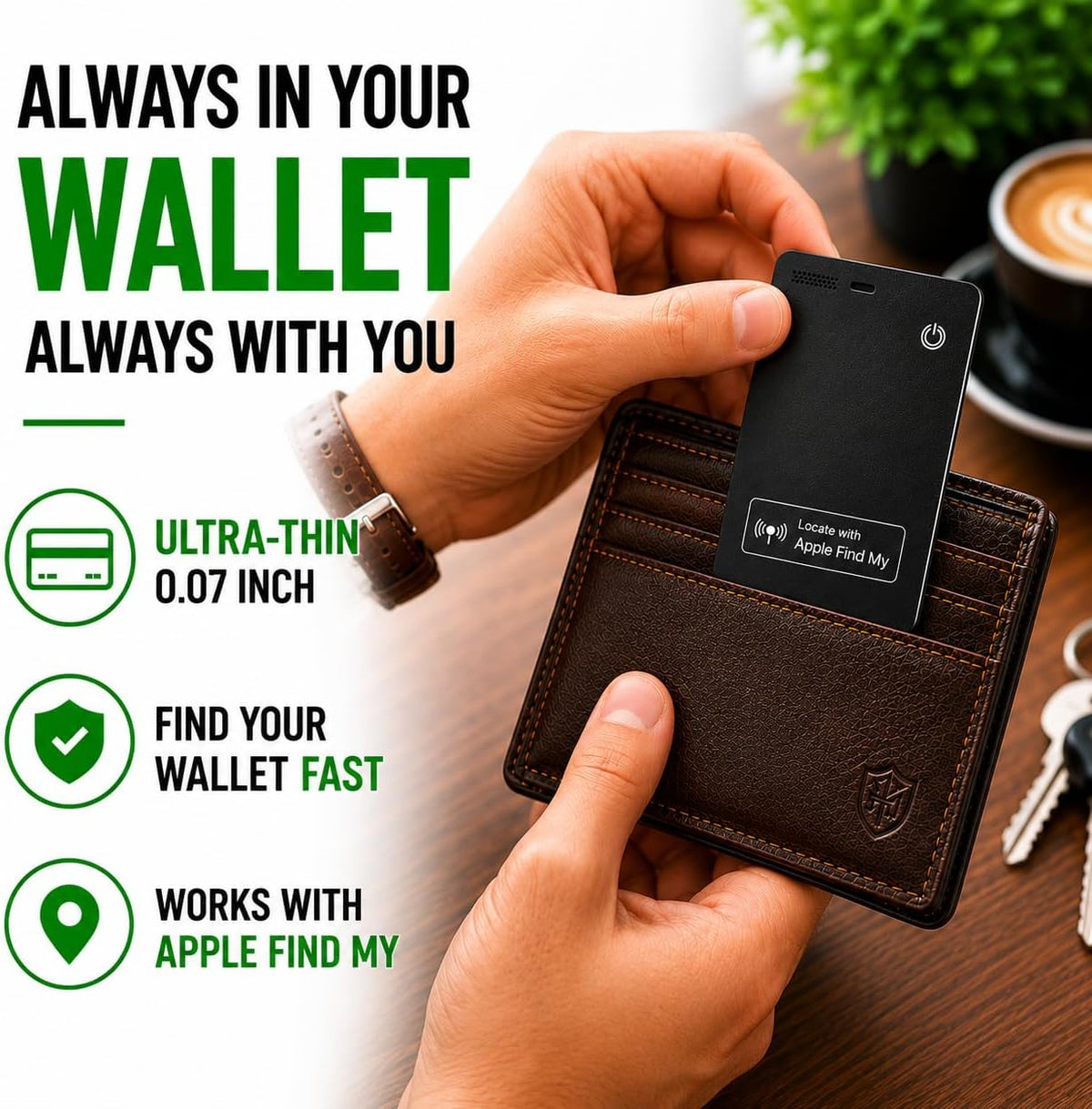 Wallet Tracker Card – Apple MFi Certified, Works with Apple Find My (iOS Only), Rechargeable Slim Tracking Card & Finder, 6-Month Battery, Item Locator for Wallet, Purse, Luggage, Passport