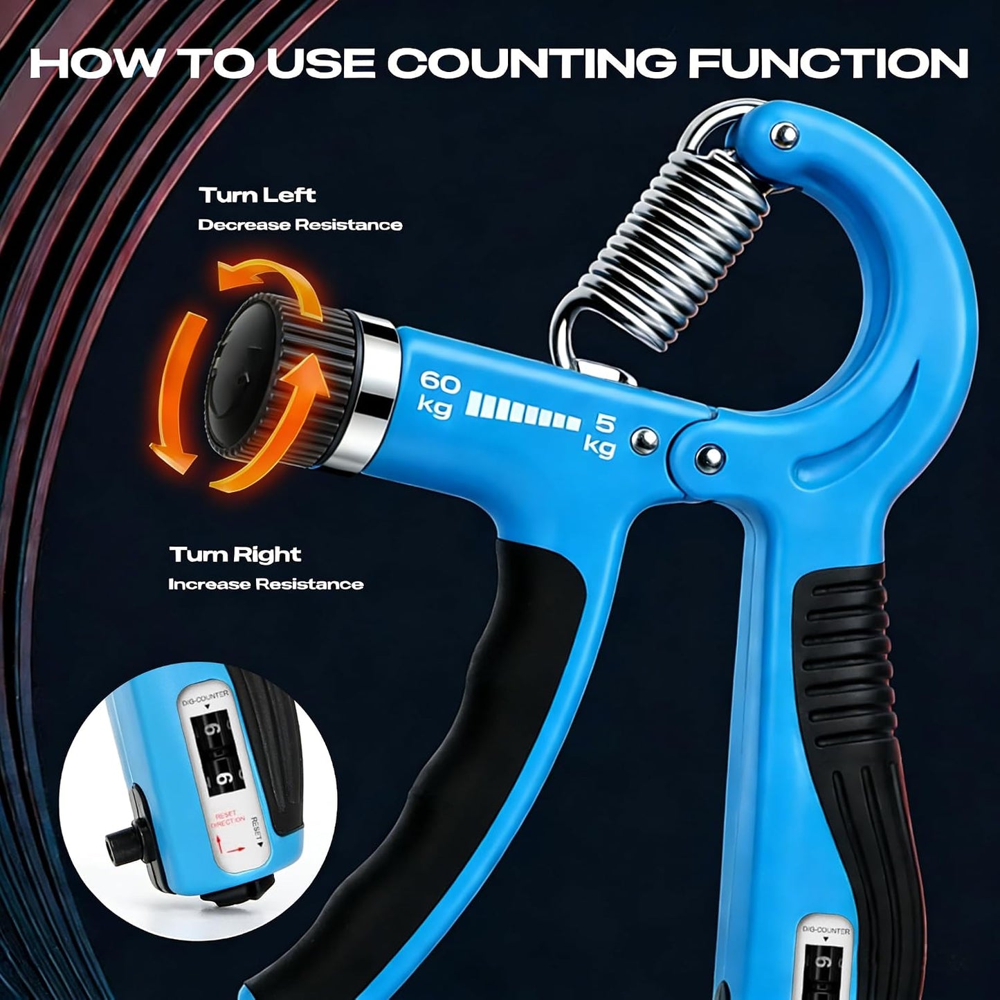 JTHEW Grip Strength Trainer - Adjustable Resistance 11-132lbs/5-60kg Hand Gripper & Forearm Strengthener Device with Smart Counter for Sports & Rehab