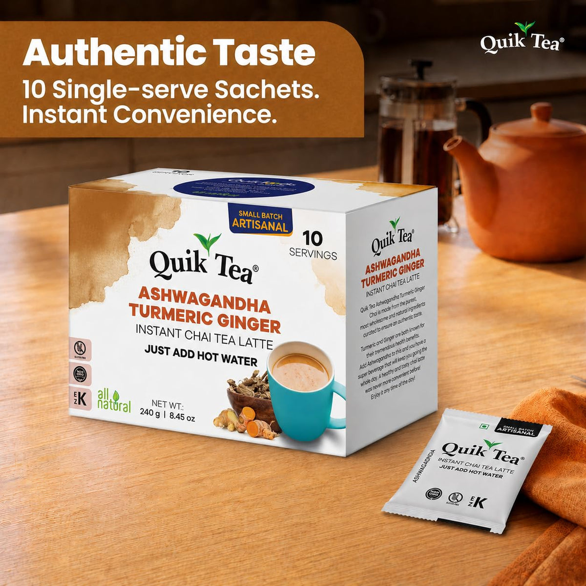 QuikTea Instant Chai Tea Latte Mix, Masala, Unsweetened, 20 Sachets