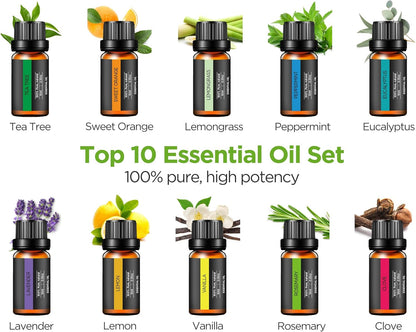 InnoGear Aromatherapy Diffuser & 10 Essential Oils Set, 400ml Diffuser Ultrasonic Diffusers for Home Cool Mist Humidifier with 4 Timers 7 Colors Light Waterless Auto Off, Dark Wood Grain