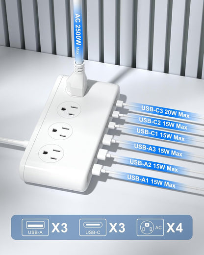 Power Strip with USB Port - 4AC & 6 USB(3USB C), Outlet Extender 5FT