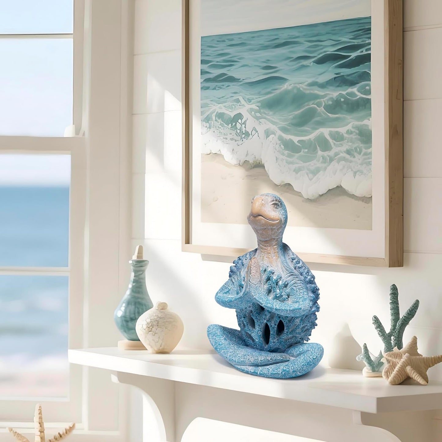 Hodao 2PCS Sea Turtle Meditation Yoga Figurines, Coastal Beach Decor