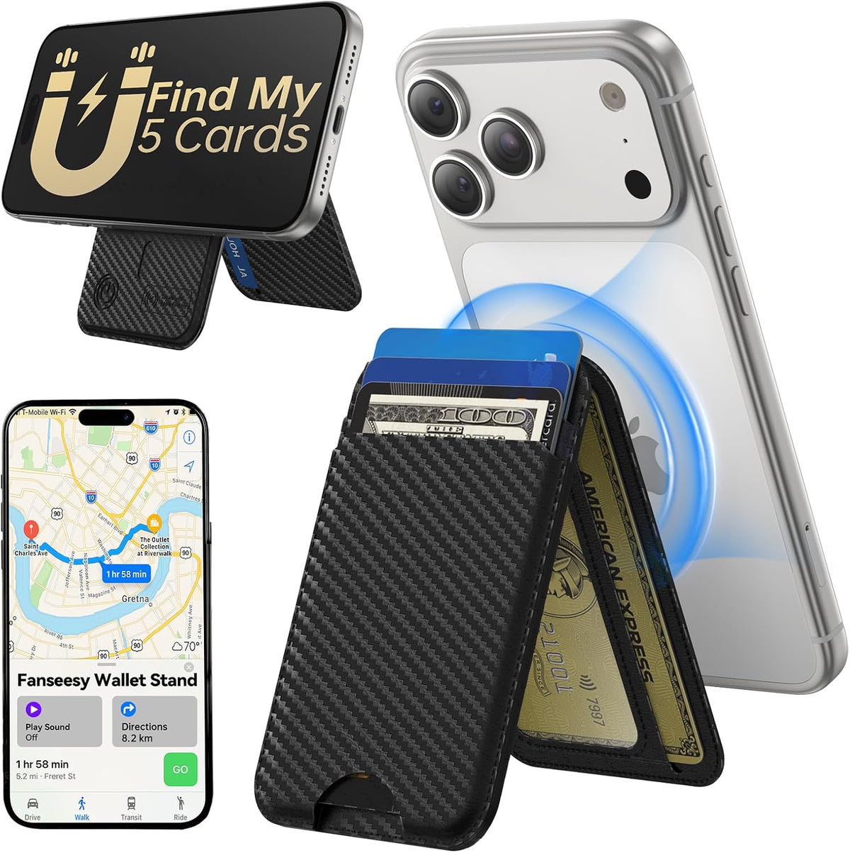 TWZKG for MagSafe Wallet, Works with Apple Find My,5 Card Holder with Stand