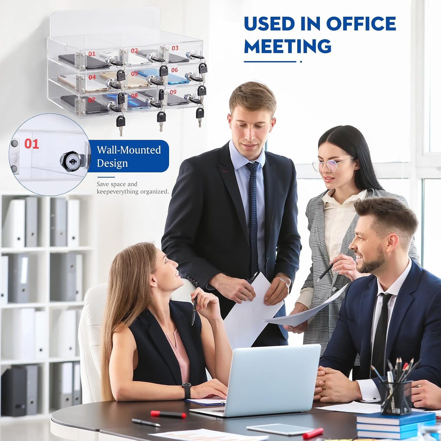 Threan 12 Slot Cell Phone Storage Box, Acrylic Clear Cell Phone Storage Cabinet Wall Mounted with Door, Locks and Keys for Office School Factory