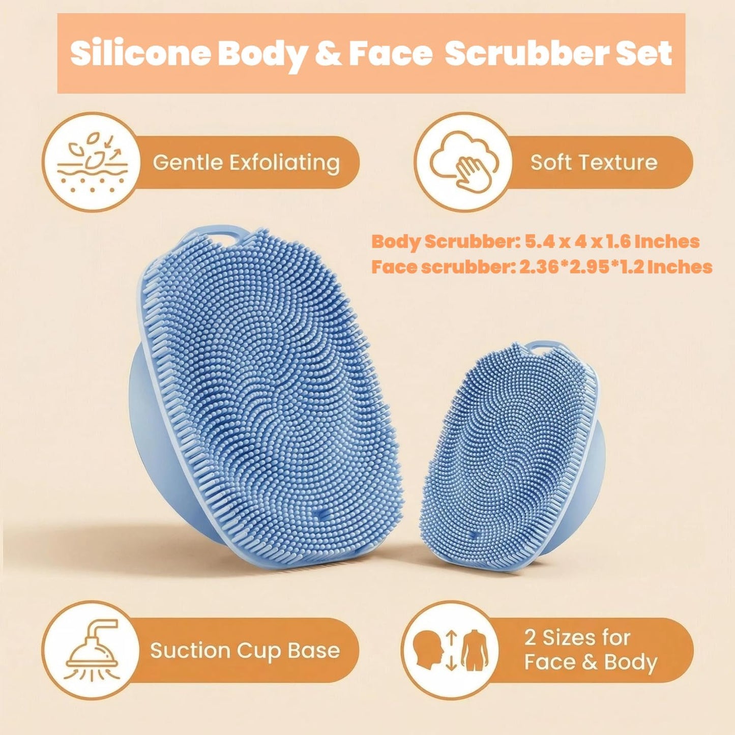 Soft Silicone Body Scrubber, Face Scrubber Silicone, Gentle Texture Exfoliating Body Scrubber for Men and Women On Sensitive Skin, Back Large Suction Cup for Easy Dry and Store (Blue)