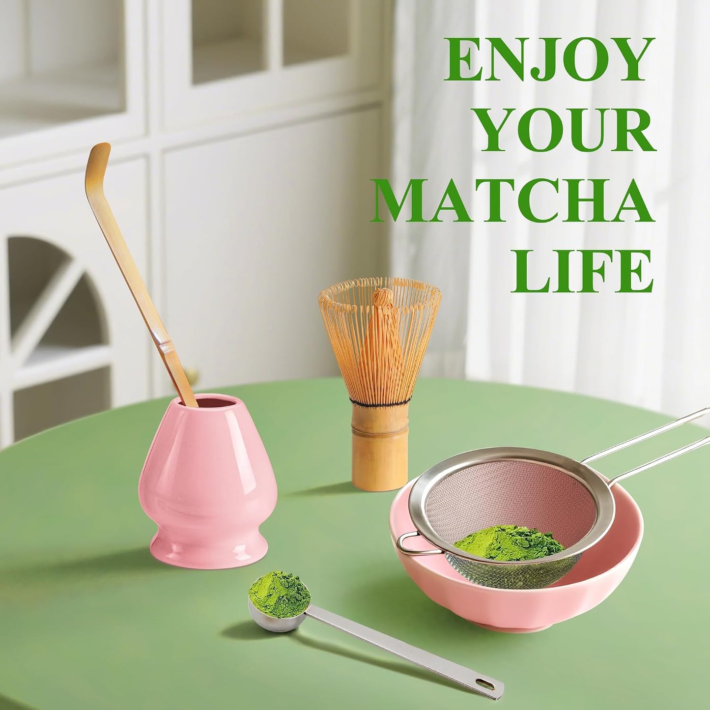 Matcha Whisk Set with Ceramic Bowl - Complete Matcha Making Kit, Bamboo Whisk (Chasen), Whisk Holder, Matcha Powder Sifter, Scoop, Japanese Tea Ceremony Tools（Green）